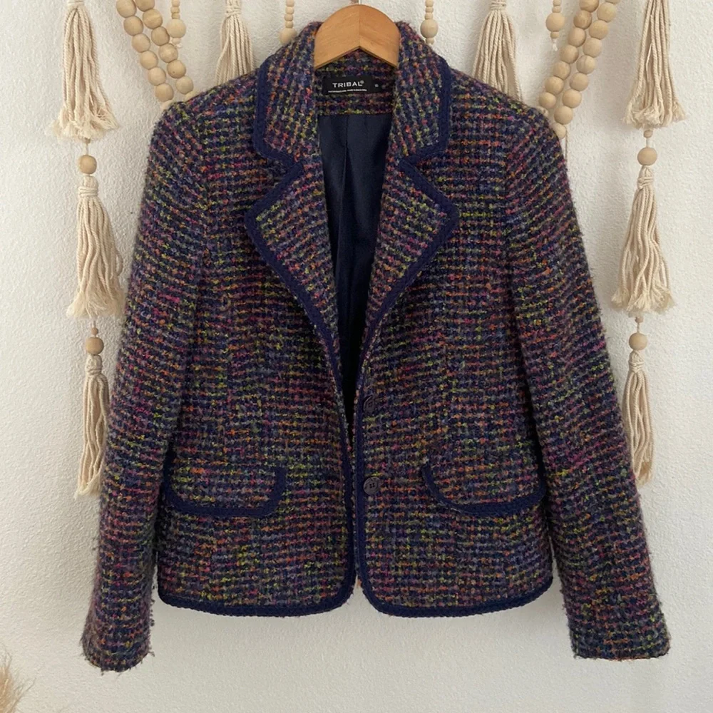 Tribal boucle tweed jacket wool woven blazer navy blue pink Chanel vibes 10 - Picture 11 of 14